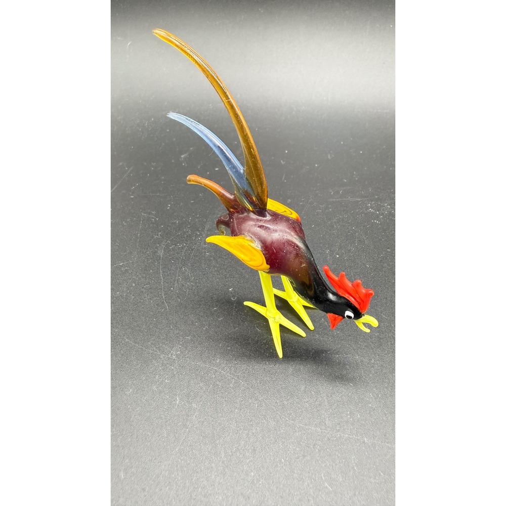 Hand Blown Art Glass Murano Style Rooster Figurine Pecking Chicken Multicolor